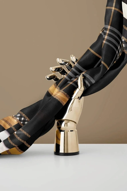 Vissona Twill İpek Eşarp Siyah, Gold, Krem, Ekose Desenli