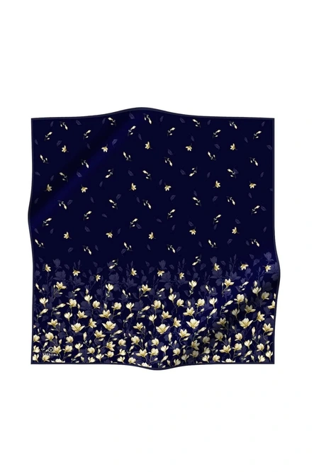 Vissona Twill İpek Eşarp Lacivert, Çiçek Desenli