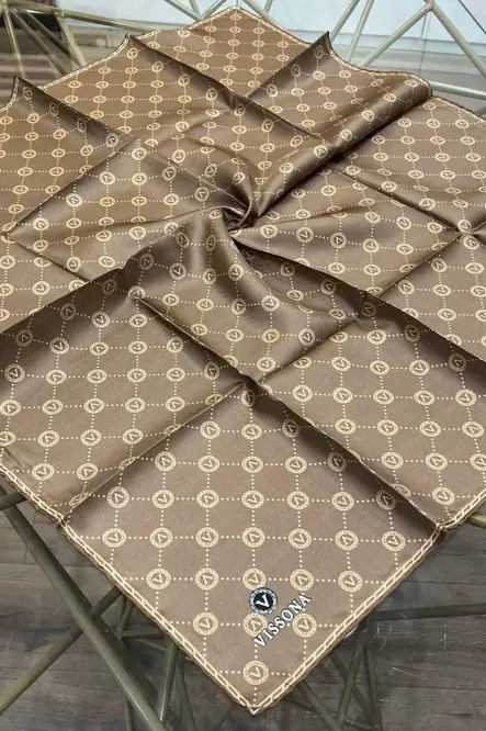 Vissona Twill İpek Eşarp Sütlü Kahve, Monogram Desen