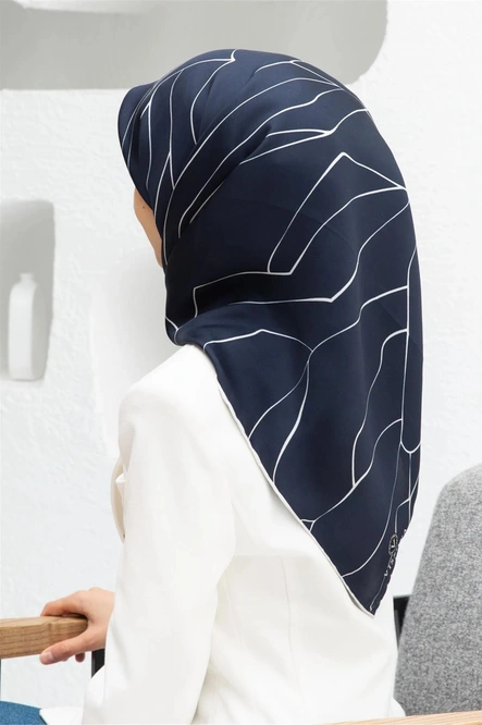 Vissona Twill İpek Eşarp Lacivert, Krem