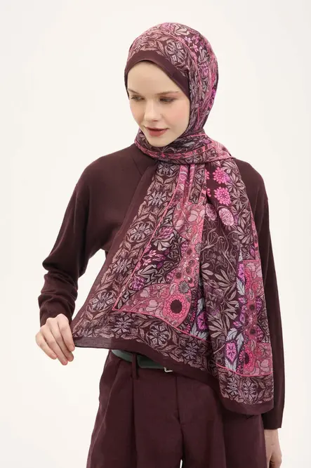 Silk Home Urban Hours Floral Motif Desen Koyu Mürdüm Mayda Şal 190x70