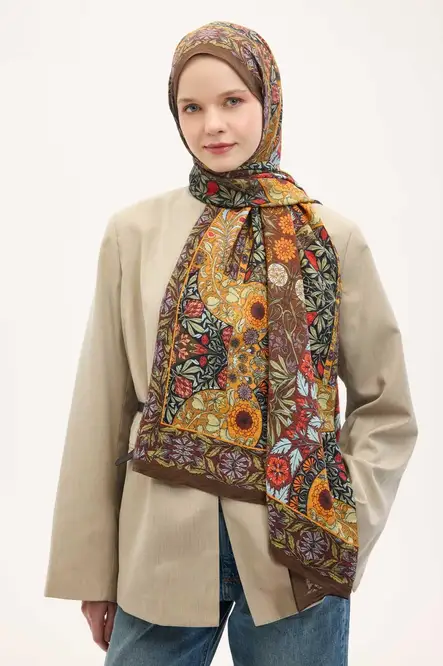 Silk Home Urban Hours Floral Motif Desen Koyu Acı Kahve Mayda Şal 190x70