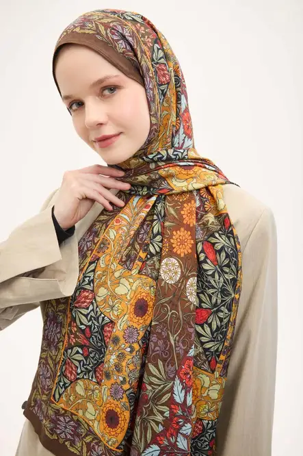 Silk Home Urban Hours Floral Motif Desen Koyu Acı Kahve Mayda Şal 190x70