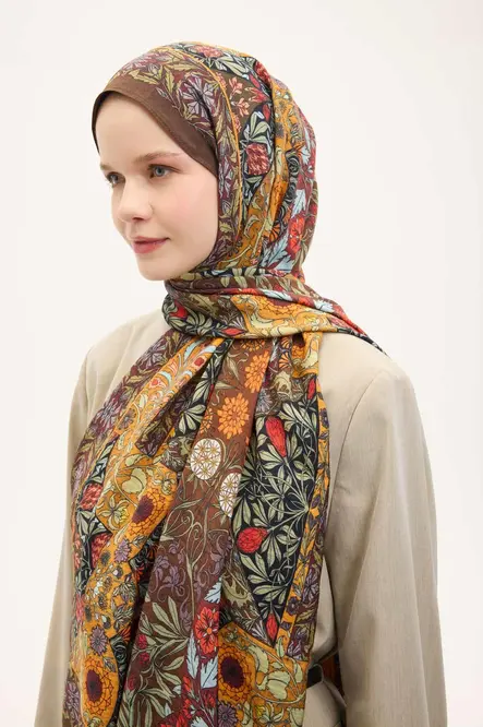 Silk Home Urban Hours Floral Motif Desen Koyu Acı Kahve Mayda Şal 190x70