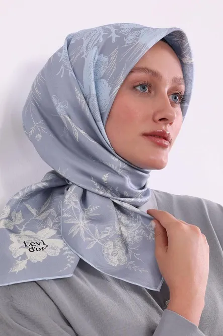 Levidor Twill İpek Eşarp Mavi Soyut Gül Desen