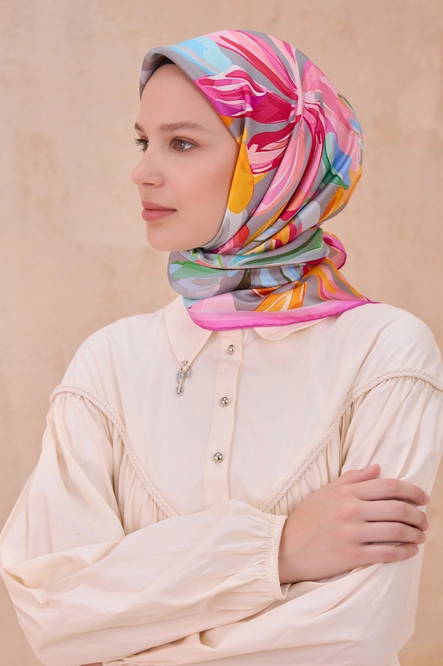 Belli Twill İpek Eşarp Gri, Pembe, Turuncu