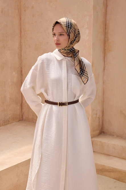 Belli Twill İpek Eşarp Ekose Kareli, Camel