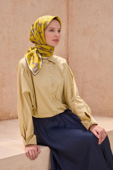 Belli Twill İpek Eşarp Sarı, Gri 4117-33