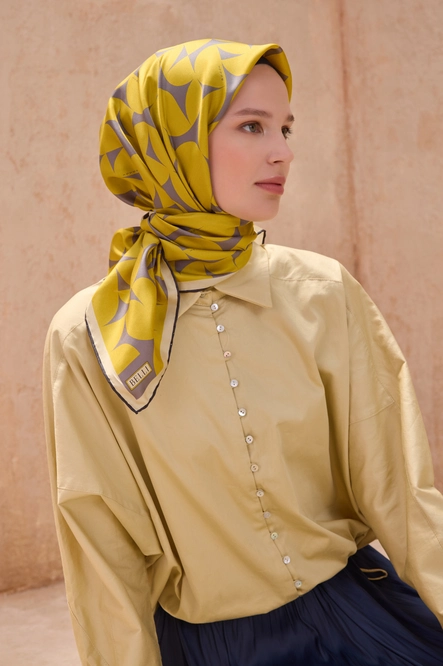 Belli Twill İpek Eşarp Sarı, Gri 4117-33