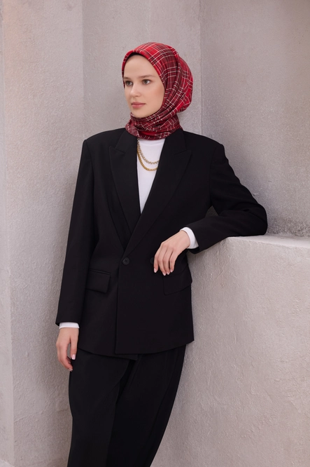 Belli Twill İpek Eşarp Ekose Kareli, Kırmızı, Bordo