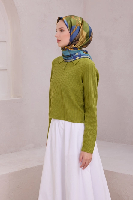 Belli Twill İpek Eşarp Mavi, Haki Yeşil