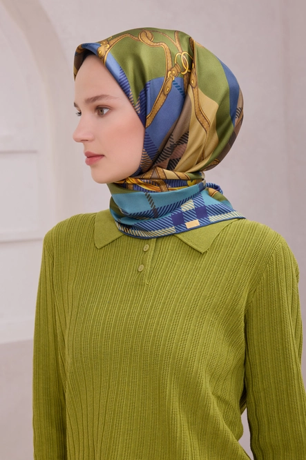 Belli Twill İpek Eşarp Mavi, Haki Yeşil