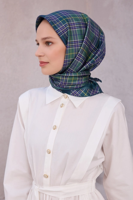 Belli Twill İpek Eşarp Ekose Kareli, Kaktüs Yeşili