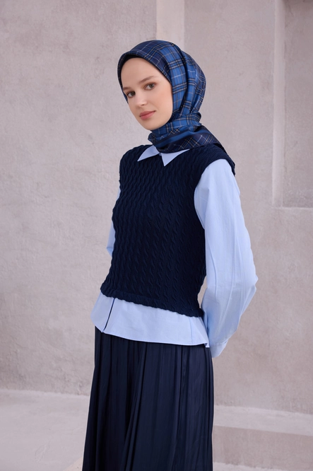 Belli Twill İpek Eşarp Ekose Kareli, Lacivert
