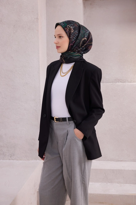 Belli Twill İpek Eşarp Siyah, Camgöbeği Yeşili, Taba