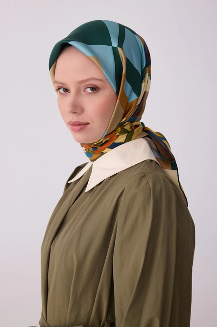 Belli Twill İpek Eşarp 4300-03 Mavi. Yeşil, Hardal