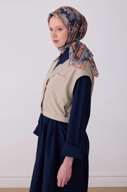 Belli Twill İpek Eşarp Lacivert, Kahverengi