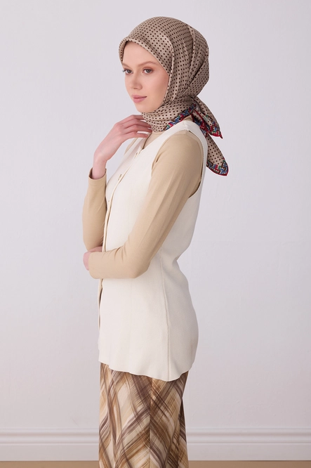 Belli Twill İpek Eşarp 4326-81 Puantiyeli, Bej, Kahverengi