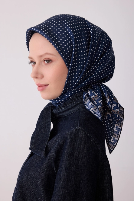 Belli Twill İpek Eşarp 4326-86 Puantiyeli, Lacivert, Krem, Vizon