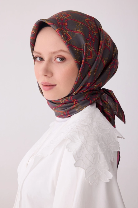 Belli Twill İpek Eşarp Füme, Fuşya, Alev Turuncu 4328-05