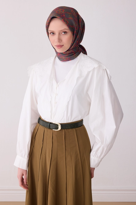 Belli Twill İpek Eşarp Füme, Fuşya, Alev Turuncu 4328-05