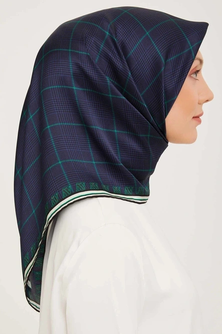 Armine Sura İpek Eşarp Kazayağı, Ekose, Lacivert, Yeşil