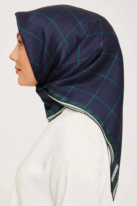 Armine Sura İpek Eşarp Kazayağı, Ekose, Lacivert, Yeşil