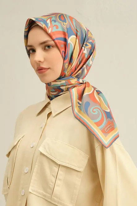 Armine Sura İpek Eşarp Mavi, Kiremit, Gri, Gök Mavi, Hardal