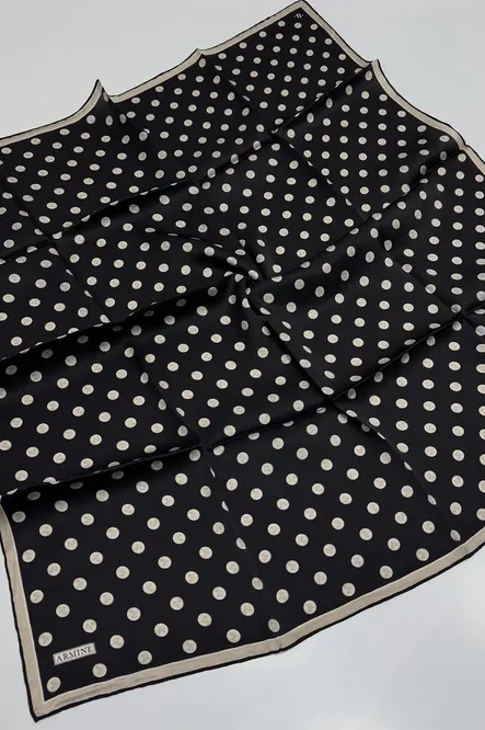 Armine Sura İpek Eşarp Siyah, Krem, Puantiyeli