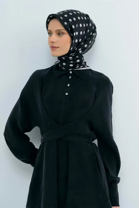 Armine Sura İpek Eşarp Siyah, Gri, Puantiyeli