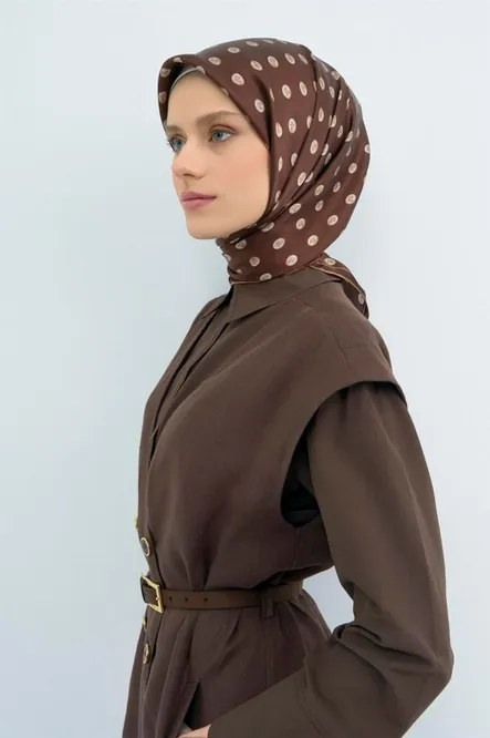 Armine Twill İpek Eşarp Kahverengi, Puantiyeli