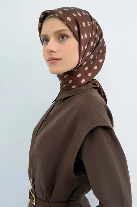 Armine Twill İpek Eşarp Kahverengi, Puantiyeli