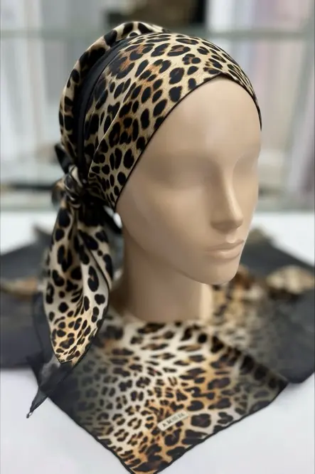 Aker Sura İpek Eşarp Leopar Siyah, Vizon, Krem